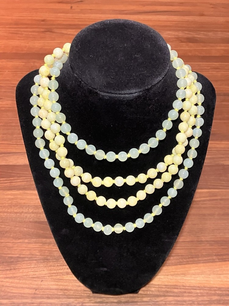 Two 30” Long Strands Aventurine Bead Necklaces Pale Green & Yellow Vintage Boho