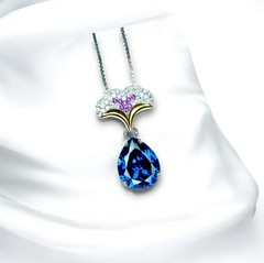 Blue Sapphire Necklace Ginkgo biloba Leaf Pendant Large 4 CT Teardrop Lab