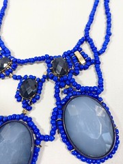 Artisan Gold Tone Blue Glass Bead Acrylic Cabochon Statement Necklace 20 inches