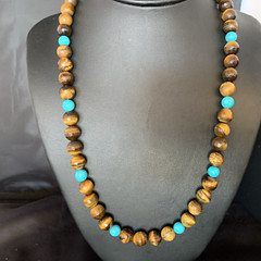 Navajo Blue Turquoise Brown Tigers Eye Sterling Silver Necklace 20″ 13895