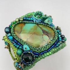 LARGE Beaded Turquoise Boho Cuff Bracelet Adjustable Statement Chunky Bracelet