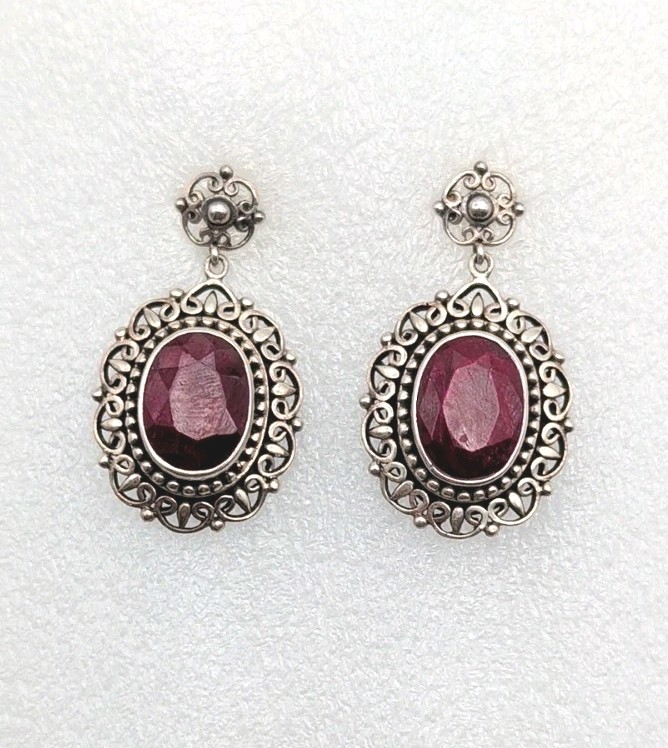 Vtg S Behnam BJC Bali 925 Sterling Silver Natural Faceted Ruby Dangle Earrings