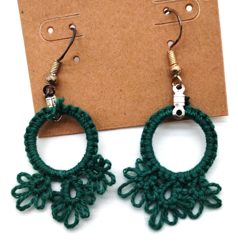 Handmade Tatted Earrings Deep Green Fishhook Back Crochet Floral 2 in Set