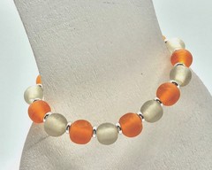 Bracelet Stretchy Taupe & Peach Frosted Beads Silver Accents Size 6.0”