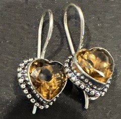 Faceted Simulated Citrine Heart Silver Tone Dangle Drop Earrings Leverback SEE
