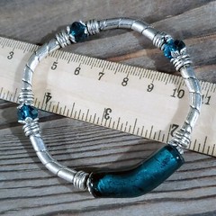 Edgy Silver Teal Green Blue Foil Glass Metal and Crystal Stretch Bracelet