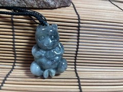 Black Gray Jade Teddy Bear Pendant Good Luck Cloth Cord Certified 35mm