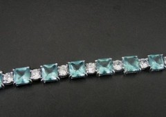 FAS Bracelet Silver Blue Stones Square Cubic Zirconia Sterling 925 Tennis