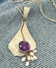 Vtg Designer Sterling 925 Amethyst, Pearl Beads Gold Wire Pendant Necklace 18”in