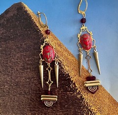 Handcrafted Egyptian Revival Earrings, Pharaoh, Tut, Czech Glass, Red, Gold