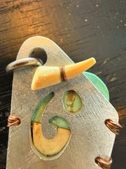 Blonde Shark Tooth Pendant Turquoise Wrapped Copper Handmade Artisan Signed