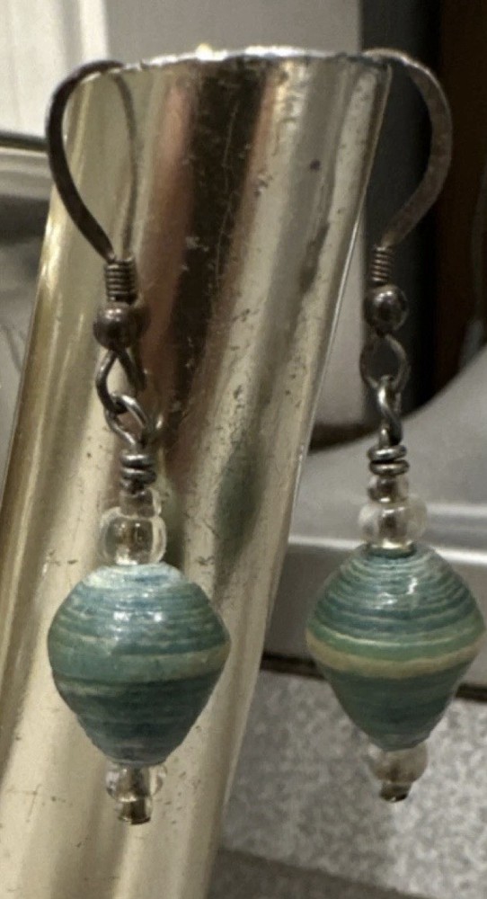 Artisan Handcrafted Green Paper Bead Dangle Earrings Hook Bohemian Art Theme