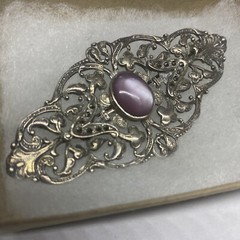 Signed BOMA Sterling Silver 925 Pink Moonstone Or MOP Marcasite Pin Brooch