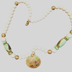VTG white /gold beaded necklace w/ Turquoise stones hand painted shell Pendant