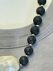Greek Black Lava Stone Necklace w Large Mother of Pearl