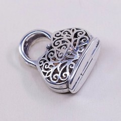 Vintage handmade sterling 925 silver handbag locket filigree charm pendant