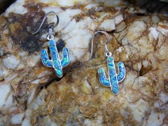 Saguaro Cactus Sterling Silver Denim Lapis Opal Stone Inlay Pair of Earrings L