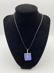 Artisan Square Glass Pendant Necklace Blue Purple Metal Swirl Black Cord