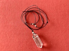 Quartz Crystal Point Pendant with Black Leather Cord Adorned with S.S. Beads.