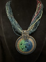 Artisan Style Multistrand Glass Seed Bead Necklace Blue Green Enamel Resin Boho