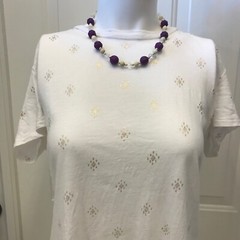 Handmade Necklace Purple and White Magnesite Stone with Clear Glass Silver Tone