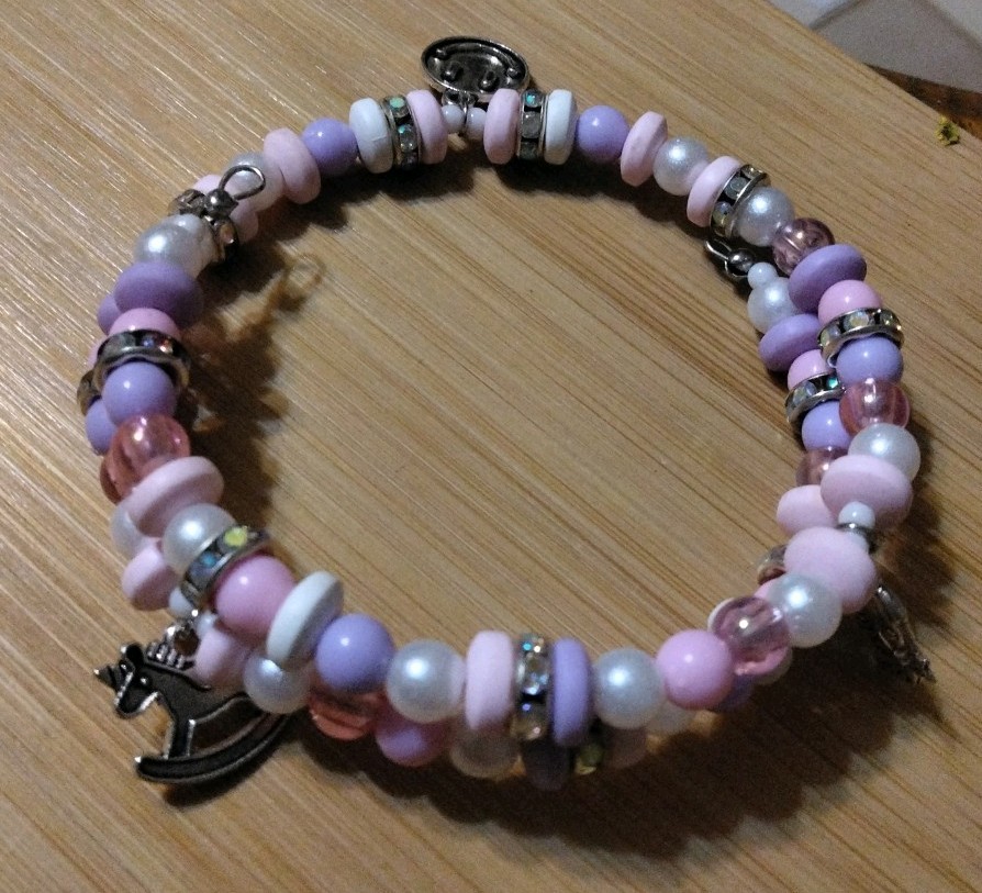 Handmade 13in Wrap Bracelet-Clay, Plastic, Glass, Rhinestone Spacers-3 Charms.