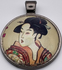 Japanese Beautiful Woman Glass Pendant 1991 Mongolian Postage Stamp Jewelry