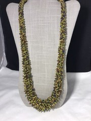 33″ Elaborate Glass Beaded Necklace Earthy Colors Boho Green Brown Blue Handmade