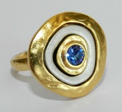 Art Designer Silver 925 Gold 24K Plated 3 Circles Abstract Ring Blue Stone Sz 8