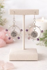 Handmade Amethyst Lotus Hoop Earrings Silver Tone Boho Dangle