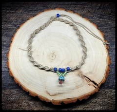 Natural Color Hemp Necklace, Fimo and Glass Mushroom & Green & Blue Glass Beads