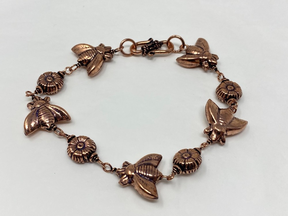 Gorgeous Solid Copper Hollow Honey Bee and Flower Link 8.5″ Bracelet