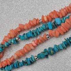 Turquoise, Spiny Oyster & Sterling Silver Beaded Necklace w/Disc Pendant 15-17″