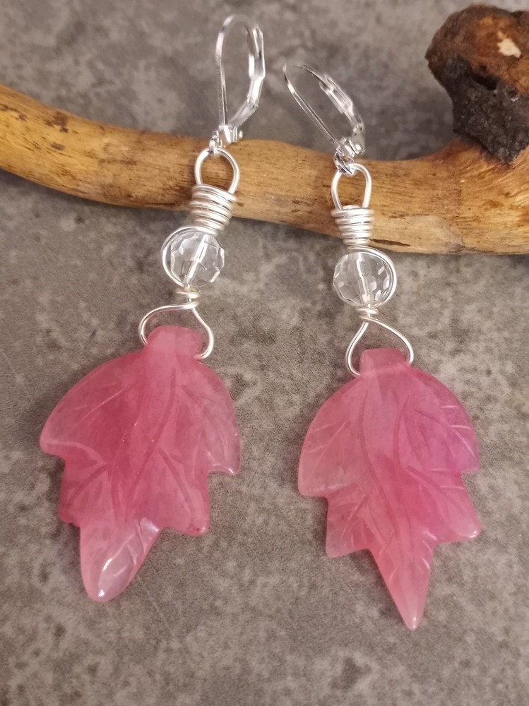 UNIQUE PINK QUARTZ CUT LEAF/CLEAR CRYSTAL BEADS/SILVER WIRE WRAP EARRINGS