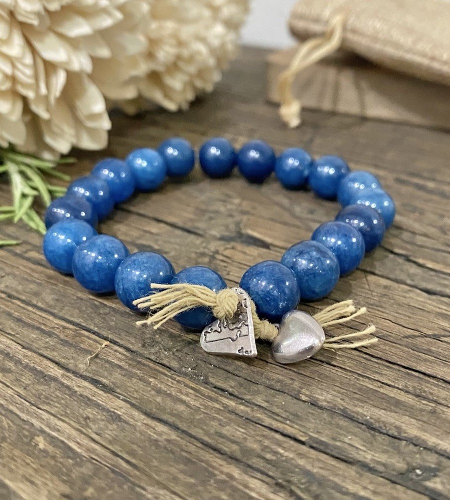 Chic Blue Beaded Stretch Bracelet With Puffy Heart Charm