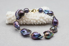 Black Baroque Pearl Bracelet, Handknotted 925 Sterling Silver Gold Plated