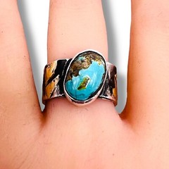 Sterling Silver Persian Blue Turquoise Handmade Ring Gold Accent SZ 8.25 -6207