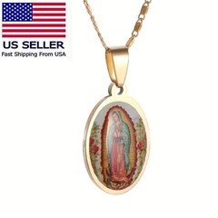 Vintage Golden Virgin Mary Oval Pendant Necklace, Gift For Religious Believers