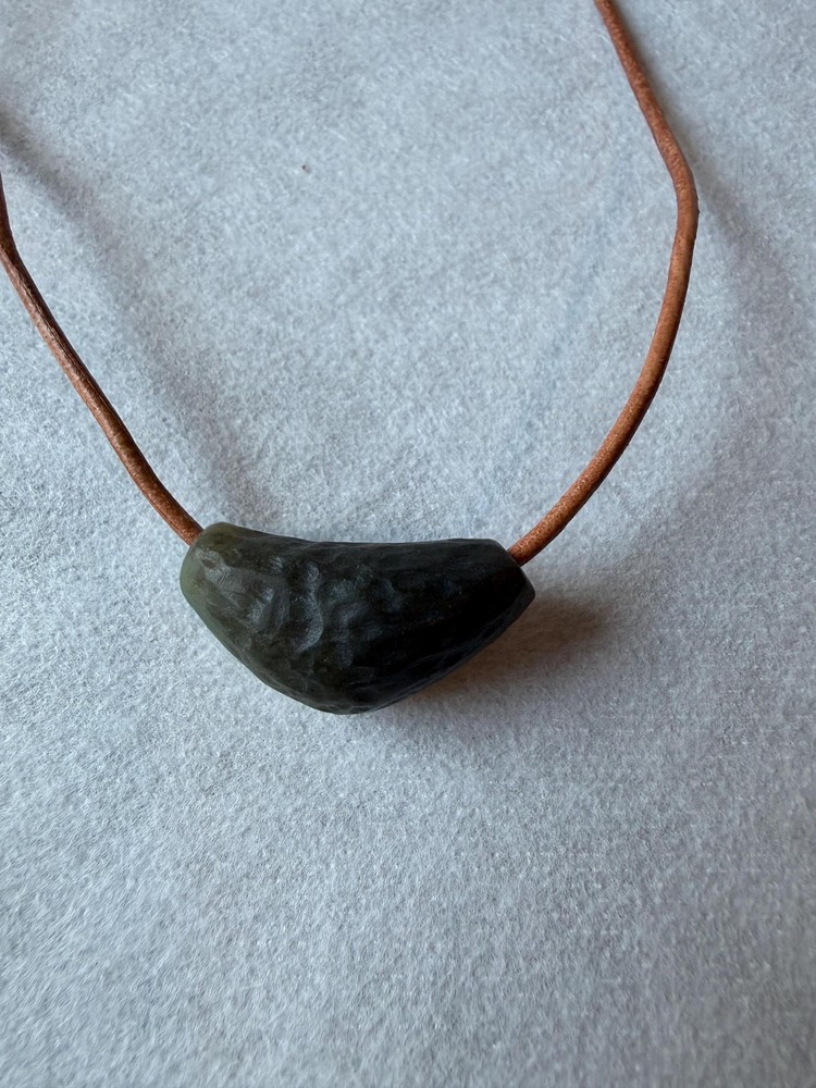 Handmade Green brown Jade Necklace, Raw Nephrite Adjustable leather Cord boho
