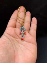Brass Ankh Key of Life Pendant with Turquoise Blue and Red Stone Necklace