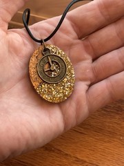 Handmade Gold Resin Pendant Necklace Crushed Glass Clock Charm Black Cord