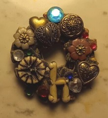 Vintage Multi Color Gold And Rhinestone Handmade Button Brooch Pin For Scarf Etc