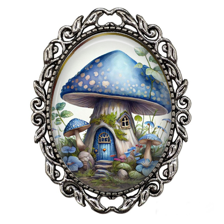 Mushroom Fantasy House Flowers Glass Top Brooch Pin Photo Jewelry Gift Brooch