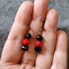 Black and Red Upcycled Earrings on Antiqued Copper Tone Leverback Hooks