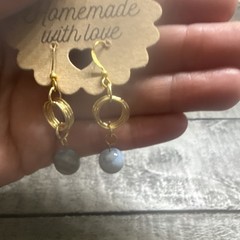 Handcrafted Yellow Gold Plated Dangle/Drop Earrings w/ Gray Round Stones, Hook