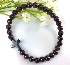 Dark red garnet round beaded bracelet with cross pendant healing gift for women