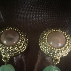 Handcrafted Gold Tone Dangle Clip-On Earrings Green Glass Round Oval Women