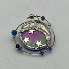 Artisan Studio Stained Glass Brooch Celestial Moon Stars Dichroic Iridescent Pin