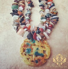 Aimee Fuller Gem Mix Citrine Quartz Jasper Stone Statement Necklace Jade Pendant