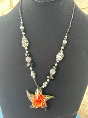 Hand Blown Murano Style Glass,Blue Flower Pendant Necklace Star Fish Shape